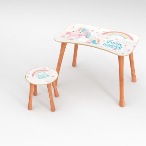 Kinder Hocker und Tisch Set mit Motiv Dream Unicorn Weiß